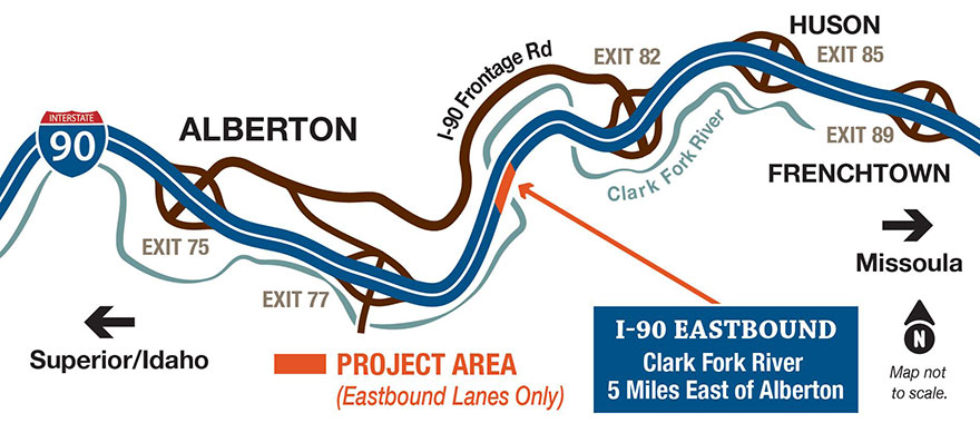 I 90 Eastbound Clark Fork River Bridge – 5 Miles East of Alberton map