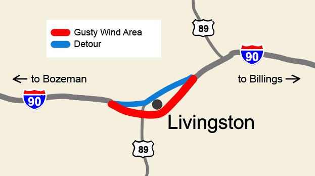 map of area on I 90 affected by Livingston wind closures