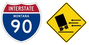 I 90 interstate sign and a blowover warning sign