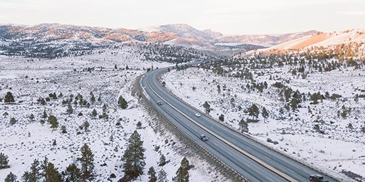 Drone photo from above the interstate outside of Helena during the winter season