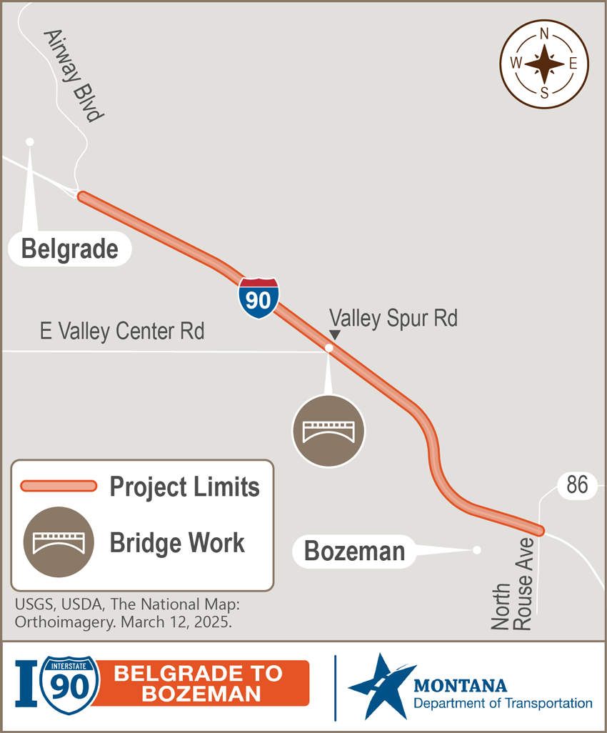 Map showing the project area which runs on Interstate 90 from Airway Blvd in Belgrade through North Rouse Avenue in Bozeman, with one bridge in the middle at ValleySpur Rd