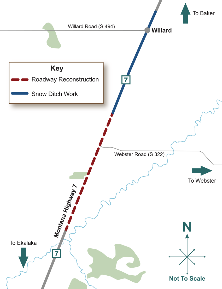 North of Ekalaka North project map which shows where snow ditch work will be completed north of Webster Road to north of Willard Road, as well as where roadway reconstruction work will take place from north of Webster Road south on Montana Highway 7
