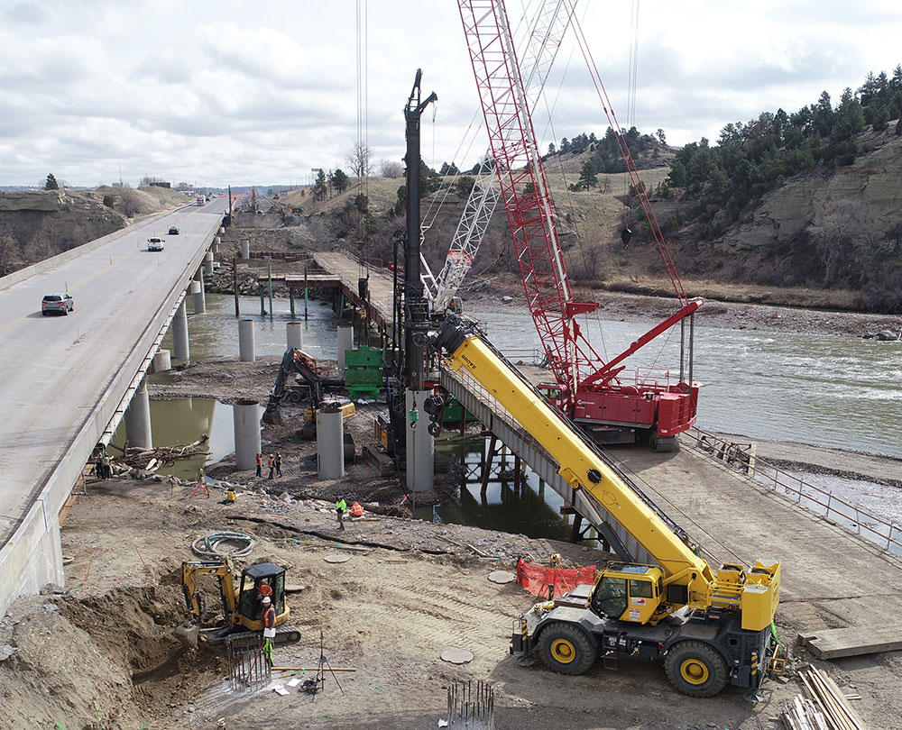 Installing the drilled shafts for an eastbound bridge pier.