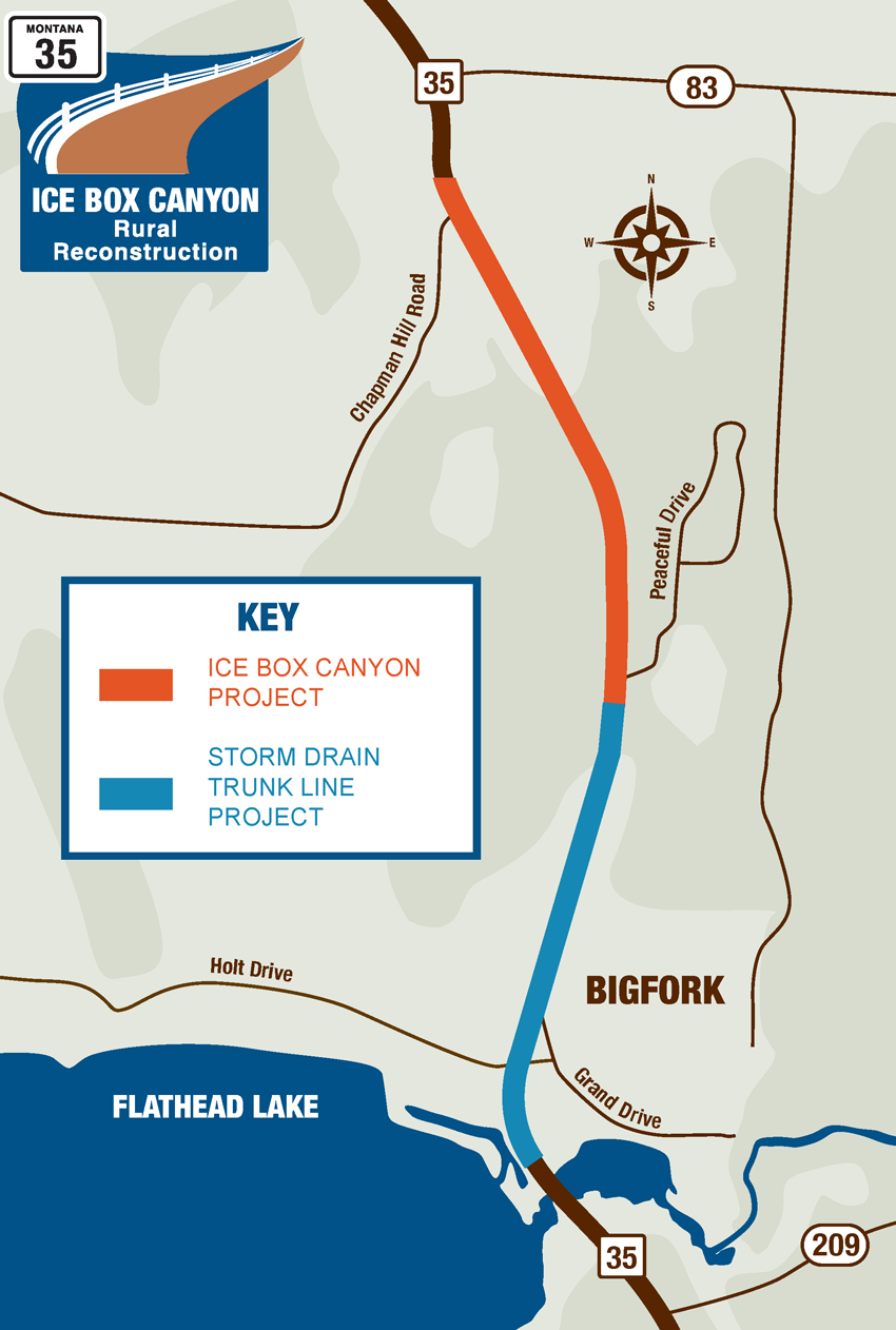 Map showing the location and limits of the Ice Box Canyon Rural Reconstruction project along Montana Highway 35 in Bigfork, Montana. The project area is shown in orange along MT 35 between the MT 35/MT 83 area to the north and the storm drain trunk line project area to the south. The storm drain trunk line project is shown in blue and extends south along MT 35 toward Flathead Lake. Nearby roads shown on the map include Chapman Hill Road, Peaceful Drive, Holt Drive, and Grand Drive. Flathead Lake is located south and west of the project area.