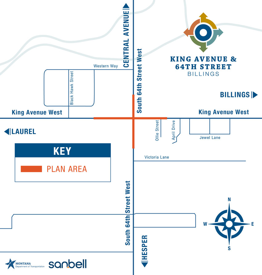 Map showing the project area for the King Avenue West and South 64th Street West intersection in Billings, Montana. The project area is highlighted in orange along King Avenue West on both sides of South 64th Street West and along South 64th Street West, north and south of the intersection. Nearby streets include 72nd Street West, Central Avenue, Western Way, Black Hawk Street, Ollie Street, April Drive, Jewel Lane, and Victoria Lane. The map is oriented with north at the top.