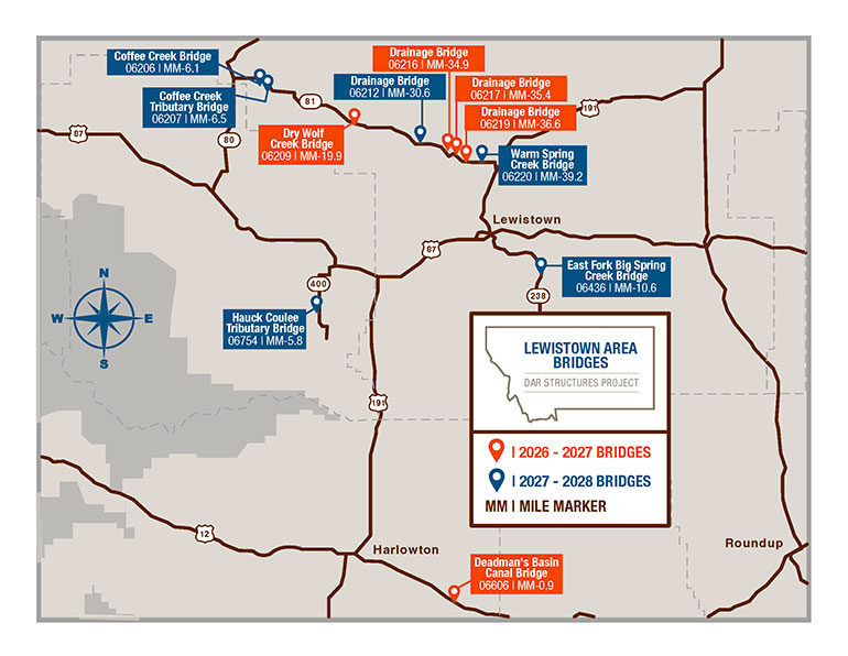 Map of the Lewistown area showing locations of bridges scheduled for replacement under the DAR Structures Project. Orange markers indicate bridges planned for 2026–2027, and blue markers indicate bridges planned for 2027–2028.