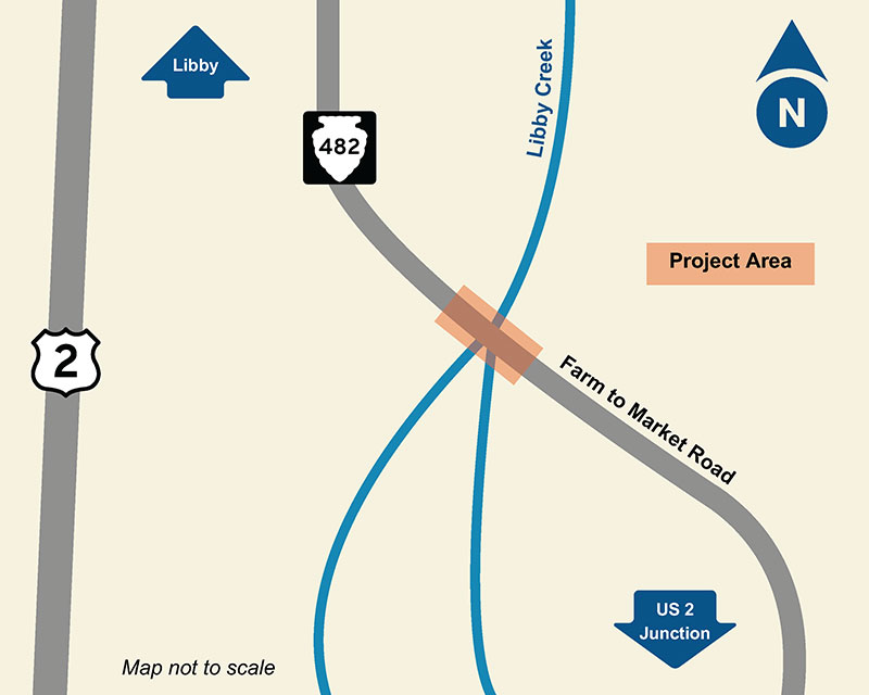 Map showing the project area at the intersection of Farm to Market Road, also known as Secondary Highway 482, and Libby Creek near US Highway 2.